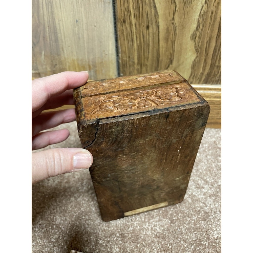 VTG Wooden Hand Carved Jewelry Trinket Box Hinged Lid Made India Inlaid Felt 70 - Picture 9 of 10
